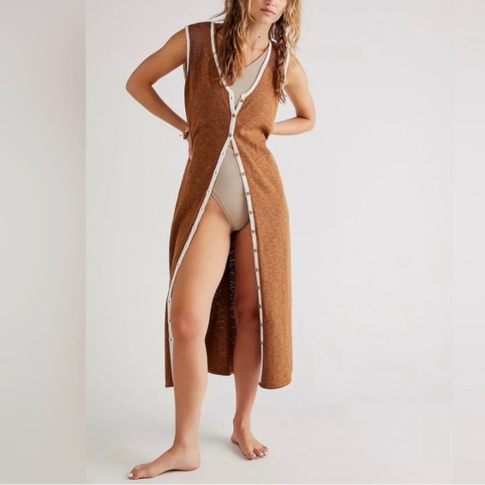 Free People Swim Coverup Brown Snap-Front Knit